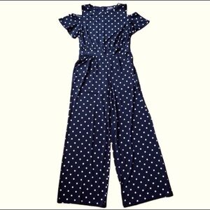 The Limited Jumpsuit Size L Navy Blue Polka Dot Polyester Cold Shoulder Zip Back